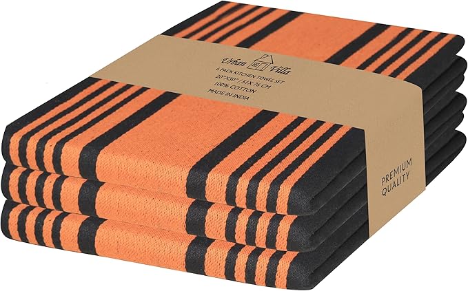 Urban Villa Halloween Kitchen Towels 100% Cotton Set of 3 Dish Towels - 20x30 Inches Highly Absorbent Quick Drying Dish Towels for Kitchen with Hanging Loop Hand & Tea Towels (Orange & Black Striped)