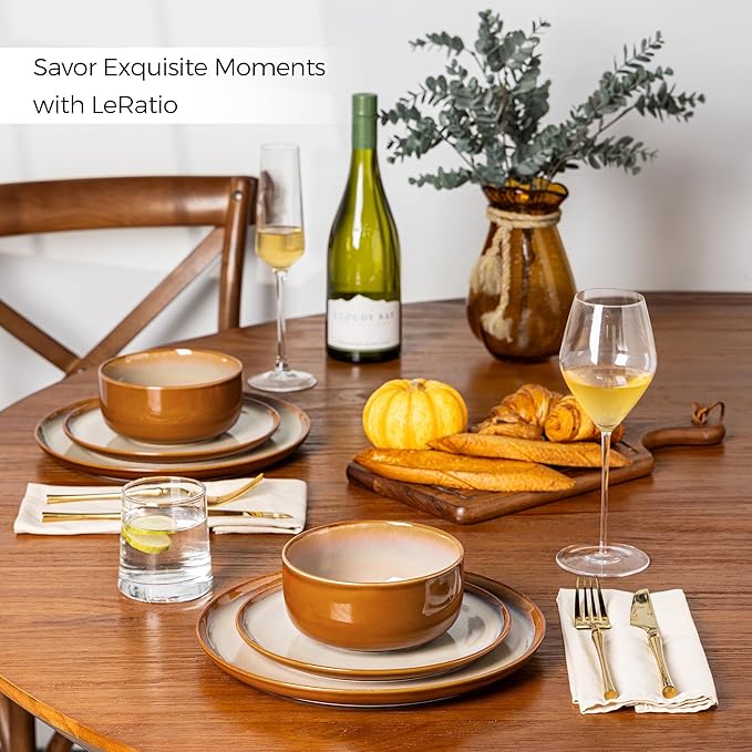 LERATIO Ceramic Dinnerware Sets for 4,12 Pieces Poreclain Plates and Bowls Sets,Scratch Resistant Dishes,Dishwasher & Microwave Safe,Oven Safe Dishes Set,Service for 4-Kahki
