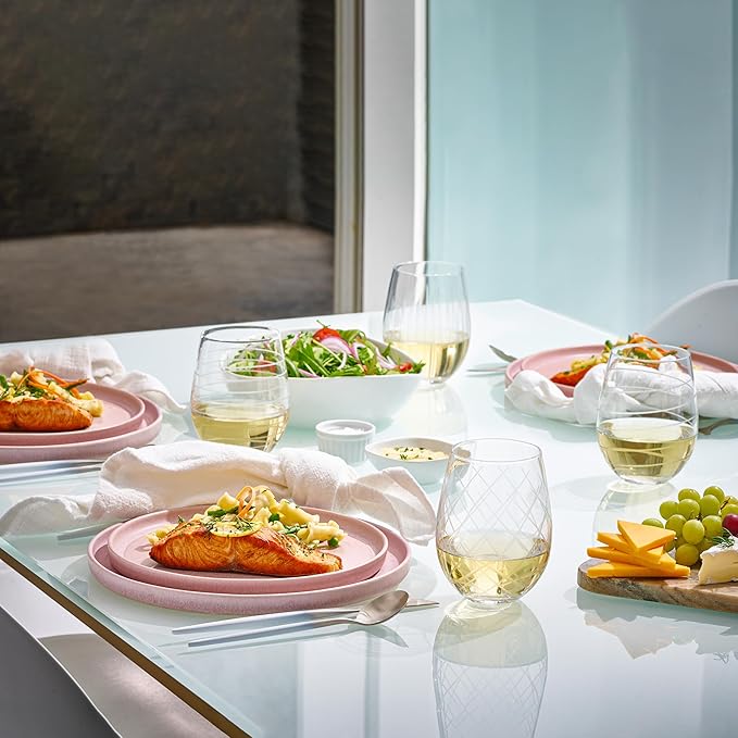 Set of 4 Etched Stemless Wine Glasses - Wine Tumbler Drinking Glass Cups - Kitchen Water Glasses Gift Cup Sets - Lowball Cocktail Glasses for Wedding Anniversary Drink