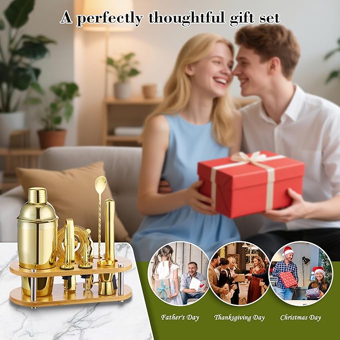Cocktail Shaker Set Bartender Kit - 11 Pcs Bar Tool Set with Bamboo Stand & All Bar Accessories: Martini Shaker, Strainer,Jigger, Muddler, Mixer Spoon Barware Kit, for Bar, Home Lounge & Party(Gold)