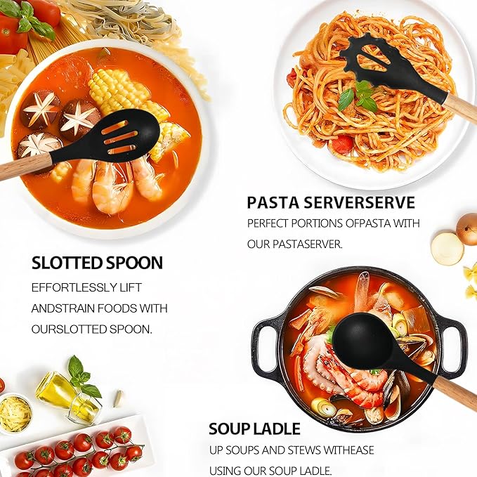 Silicone Cooking Utensil Set,12 PCS Cooking Cookware Kitchen Utensils Set, Nonstick 446°F Heat-Resistant Cookware Kitchen Tools of Spatula,Turner Tongs,Spoon,Brush,Whisk,（black）