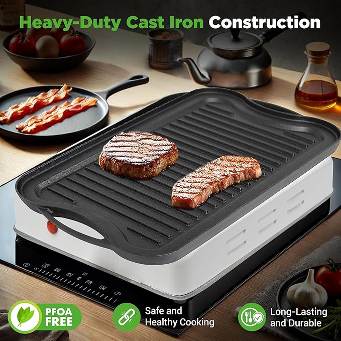 NutriChef 20"x10" Reversible Cast Iron Griddle Pan – Flat & Grill Sides, Pre-Seasoned, Oven Safe, Extra-Wide, PFOA & PFOS Free, for Gas, Electric, or Outdoor Cooking