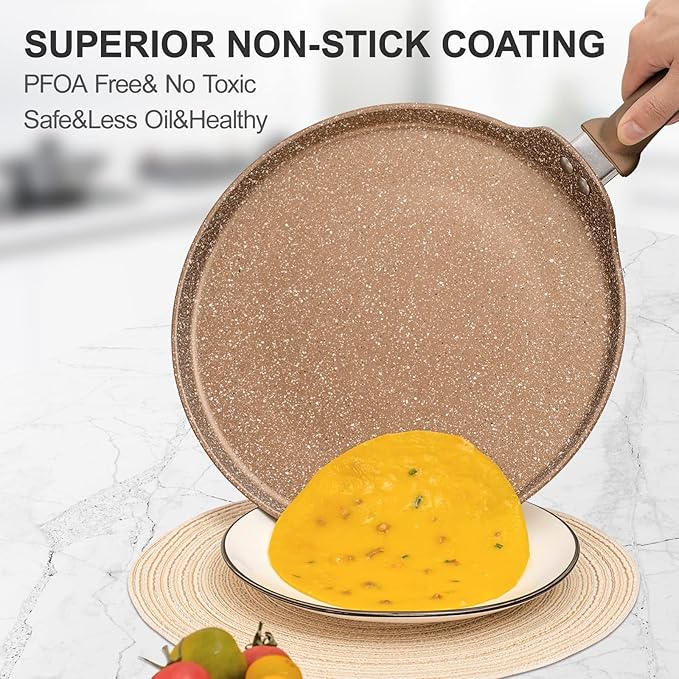 Nonstick Crepe Pan, Granite Coating Flat Skillet Dosa Tawa Tortilla Pan, 10 inch Pancake Griddle Roti Pan With Stay-Cool Handle, Induction Compatible, PFOA Free