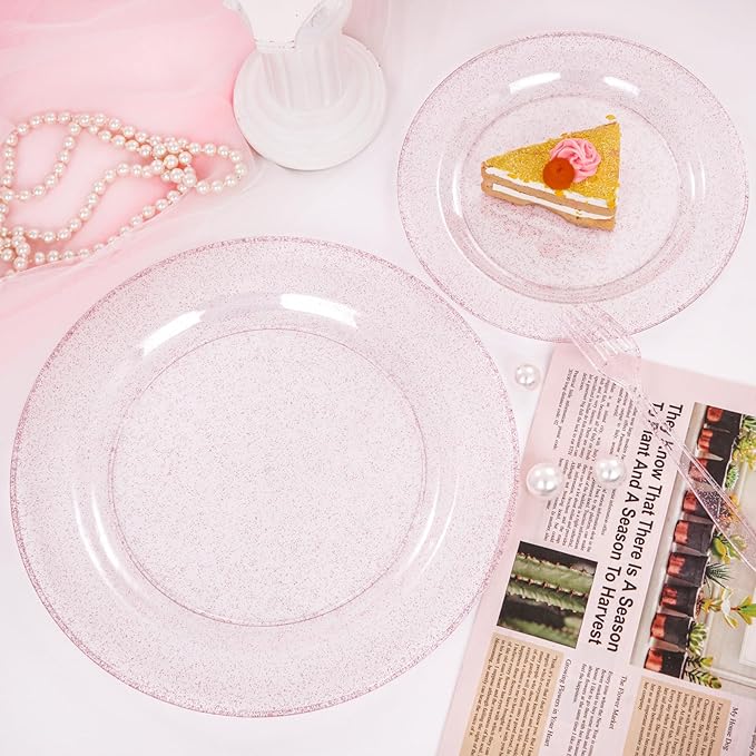 WDF 120pcs Pink Plastic Plates Disposable - Clear Pink Glitter Plates for Valentine's Day/Wedding including 60PCS Dinner Plates 10.25inch and 60PCS Salad Plates 7.5inch for Wedding/Party