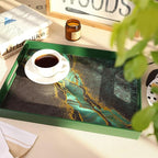 Marble Green Decorative Tray for Coffee Table, Ottoman, Rectangular Plastic Serving Platter Tray with Handles for Entertaining, Outdoor Patio, Living Room Counter, 15.7”*11.8”*1.6”