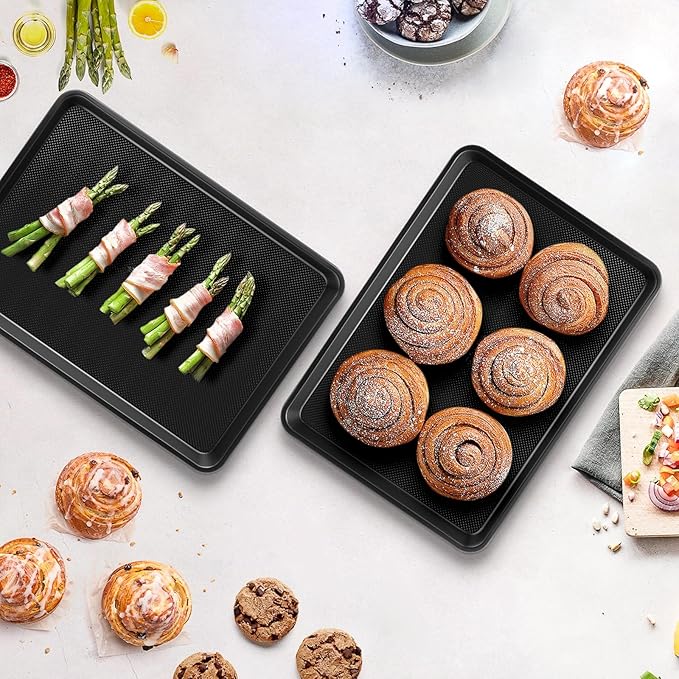 2 Pack Cookie Sheets for Baking, Ceramic Baking Sheet Jelly Roll Pans Set, Thicker Carbon Steel Baking Sheets Non Stick, 15.3 x 11.3 Inch Baking Trays for Oven
