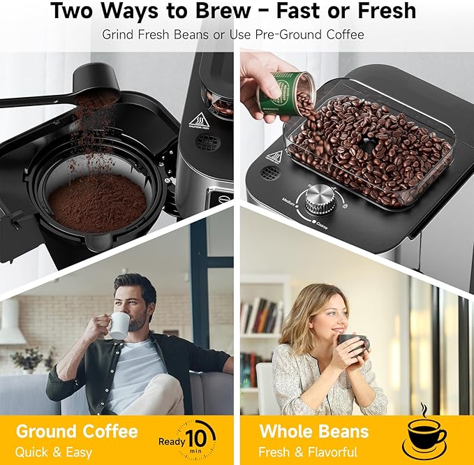 Drip Coffee Maker with Built-in Grinder, 10-Cup Coffee Machine with 24-Hour Delay Timer, Touch Screen, Self-Cleaning, Reusable Filter, 1.5L Removable Water Tank, Warming Plate, Silver