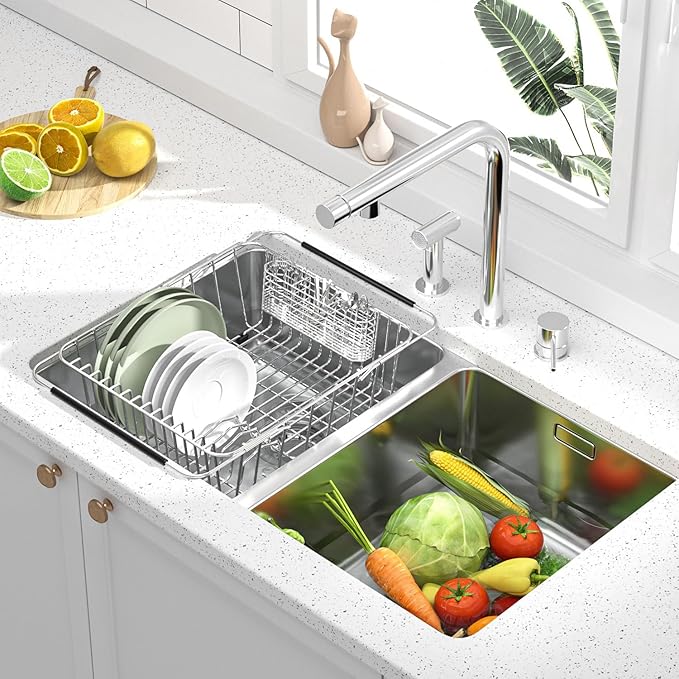 JAQ Dish Drying Rack in-Sink, 304 Stainless Steel Dish Drainer with Stainless Steel Silverware Holder Over Inside Sink-Adjustable 15.16" to 20.59" Maximium 13 Upright Dishes