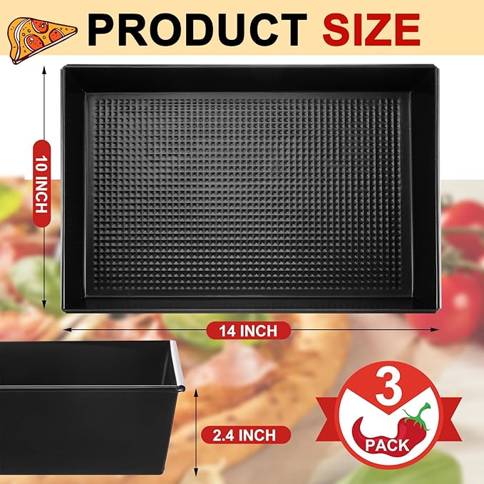 3 Pcs Detroit Style Pizza Pan 10 x 14 x 2.36 Inch Hard Rectangular Deep Pizza Pans Non Stick Sicilian Style Pan Dish Pre Seasoned Bakeware Kitchenware