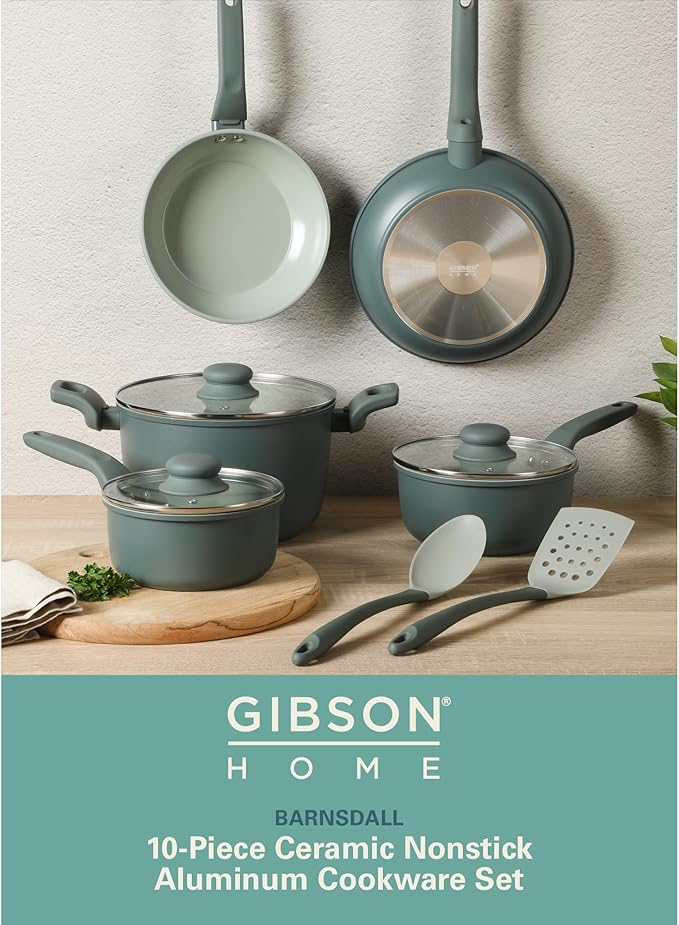 Gibson Home Barnsdall 10 Piece Premium PFA Free Ceramic Nonstick Pots and Pans Aluminum Induction Cookware Set W/Kitchen Tools - Sage Green/Grey Non Stick