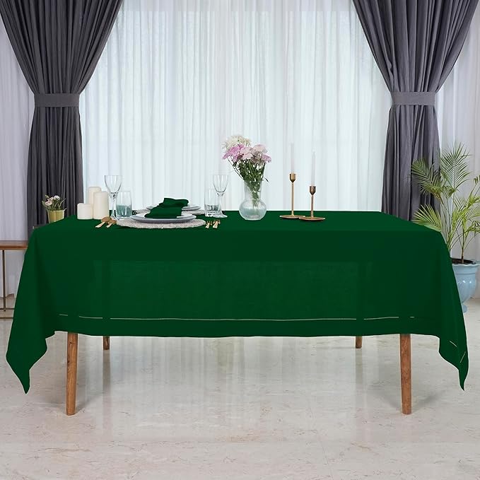 D'Moksha Homes Forest Green Linen Tablecloth for Rectangle Tables 60 x 84 Inch - Classic Hemstitch 100% Pure Linen Green Table Cloth - Machine Washable Dining Tablecloth for Summer, Fall and Halloween