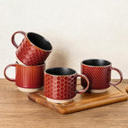 GBHOME 12 OZ Stackable Coffee Mugs, Ceramic Coffee Cups with Texture Patterns for Man,Woman,Dad,Mom, Modern Coffee Mugs Set of 4 for Latte/Cappuccino/Cocoa. Dishwasher&Microwave Safe, Red