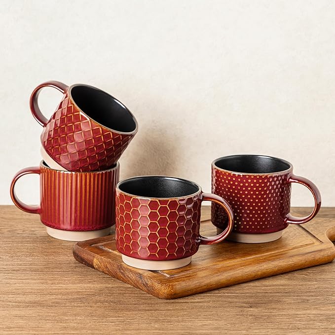 GBHOME 12 OZ Stackable Coffee Mugs, Ceramic Coffee Cups with Texture Patterns for Man,Woman,Dad,Mom, Modern Coffee Mugs Set of 4 for Latte/Cappuccino/Cocoa. Dishwasher&Microwave Safe, Red