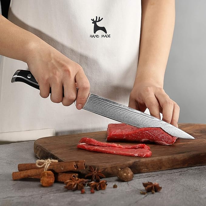 Damascus Kitchen Knife, 8 Inch Slicing Knife Professional Kitchen Knife Forged with VG10 Super Steel 67-Layer Damascus, Non-slip ABS Ergonomic Triple Rivet Handle, Razor Sharp Lightweight Multipurpose