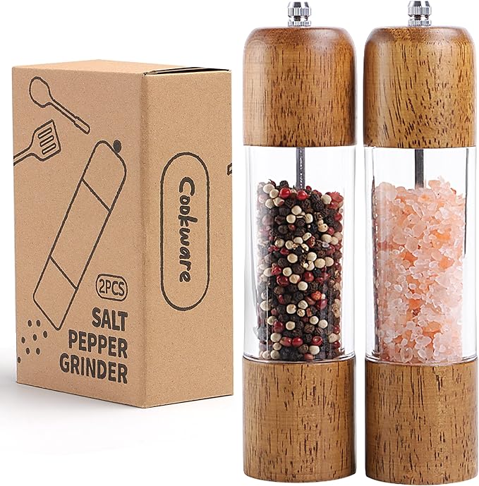 Wooden Salt and Pepper Grinder Set, Premium Oak Wood Salt Grinders Shakers, Pepper Mill with Acrylic Clear Window, Adjustable Ceramic Grinder - 8 inches, 2 Pack