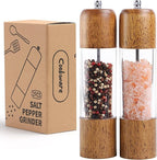 Wooden Salt and Pepper Grinder Set, Premium Oak Wood Salt Grinders Shakers, Pepper Mill with Acrylic Clear Window, Adjustable Ceramic Grinder - 8 inches, 2 Pack