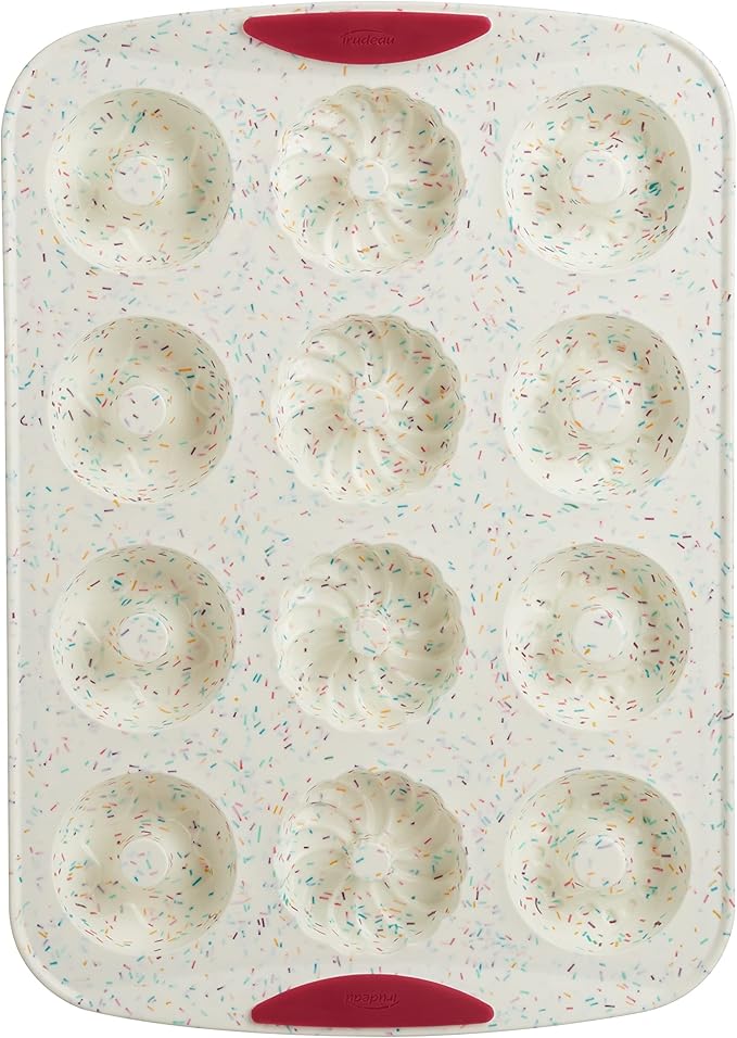 Trudeau 12-Cavity Donut Pan – Nonstick Baking Mold for Homemade Donuts, White Confetti/Fuchsia – Easy Release, Dishwasher Safe