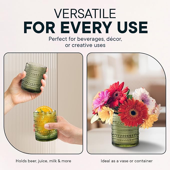 12 OZ Hobnail Drinking Set of 12 – Vintage Embossed Glassware, Textured Tumblers for Water, Beer, Cocktails, Mocktails, Whiskey & More – Includes Straws and Coasters – Green