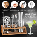 IOV Mixology Bartender Kit Bar Set with Stand | 17-Piece Cocktail Shaker Set | 28oz Boston Shaker Drink Mixer Set with All Essential Accessory Tools | Fun Housewarming Gift (Silver)