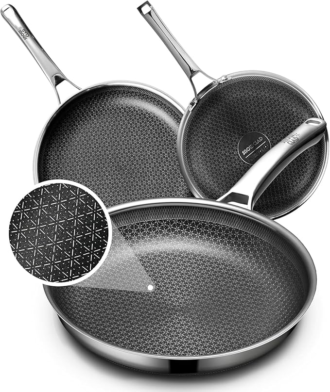 Non Stick Frying Pans Set, Hybrid Skillet Set Nonstick (8+10+12inch), Pans for cooking, PFOA Free Stainless Steel Kitchen set, Dishwasher and Oven-Safe Cookware Sets
