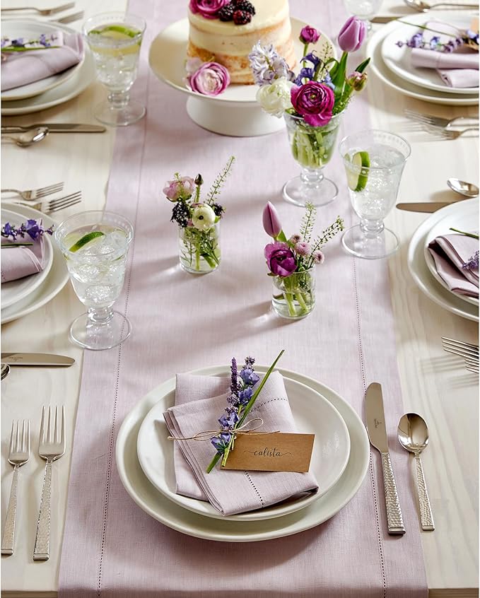 Solino Home Linen Lilac Table Runner 156 Inches Long - 100% Pure Linen Extra Long Table Runner 14 x 156 Inch for Summer - Classic Hemstitch