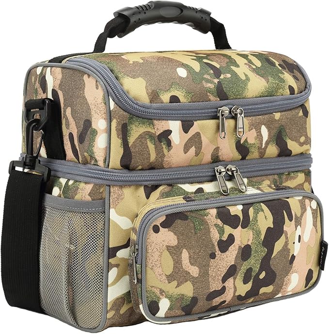 FlowFly Double Layer Cooler Insulated Lunch Bag Adult Lunch Box Large Tote Bag for Men, Women, With Adjustable Strap,Front Pocket and Dual Large Mesh Side Pockets
