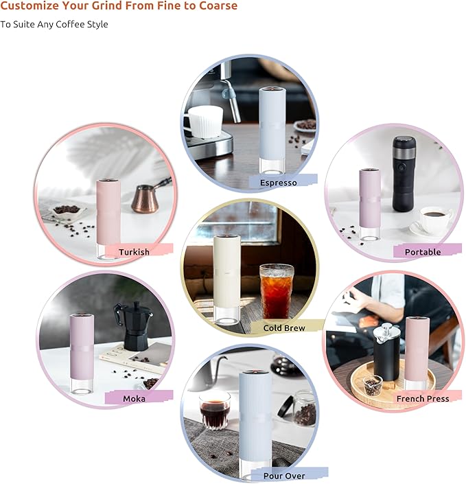 Portable Electric Coffee Grinder, Rechargeable Handheld Grinder with Stainless Steel Conical Burr, Adjustable Grind Settings, for Espresso, Moka, Pour Over, French Press, Cold Brew, Marshmallow