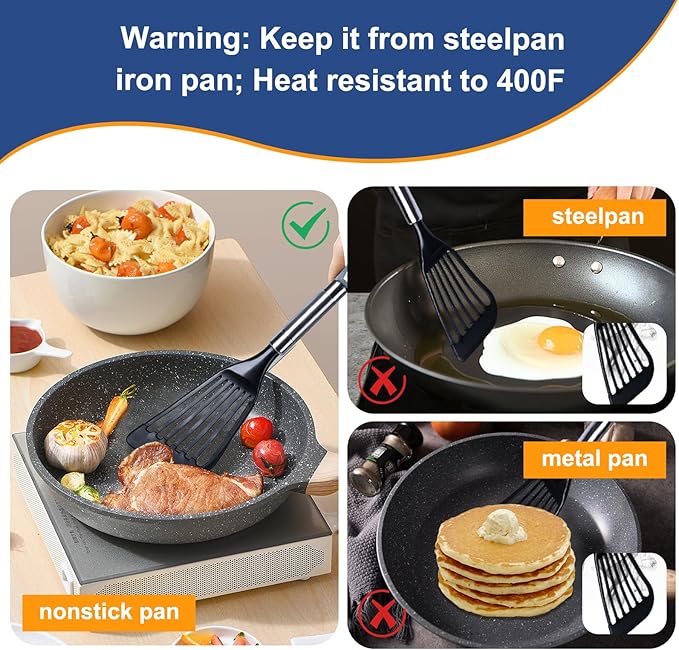 KSENDALO Fish Spatula Egg Flexible Slotted Turner Flipper, Silicone Coated Edged Kitchen Utensil for Nonstock Cookware, Lightweight & Sturdy Cooking Tool for Fish, Eggs, Pancakes, Omelettes