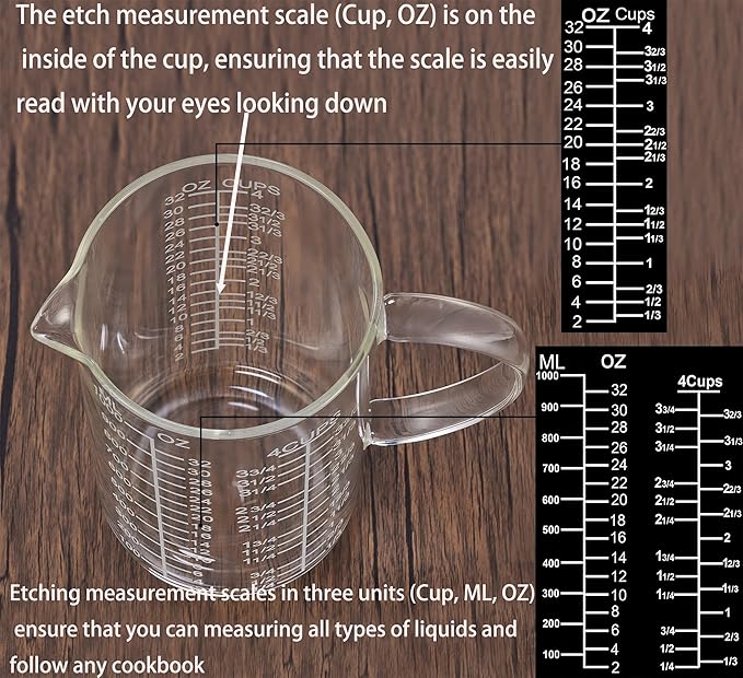 Ackers Mirror Etching Scale Glass Measuring Cup-[Insulated handle | V-Shaped Spout]-Made of High Borosilicate Glass Measuring Cup for Kitchen or Restaurant, Easy to Read, 1000 ML (32 Oz, 4 Cup)