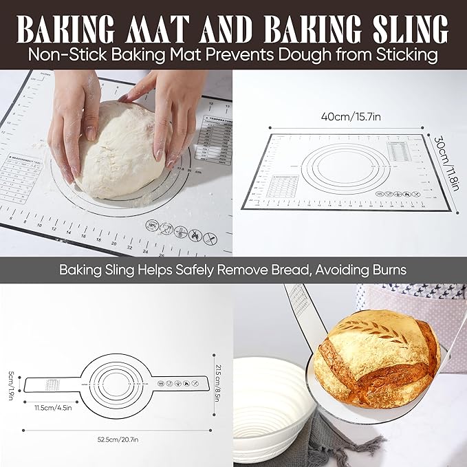 Sourdough Starter Kit with Jar – Complete Sourdough Bread Baking Supplies for Beginners, Includes 2 Silicone Proofing Baskets Baking Mat Sour Dough Kit - White