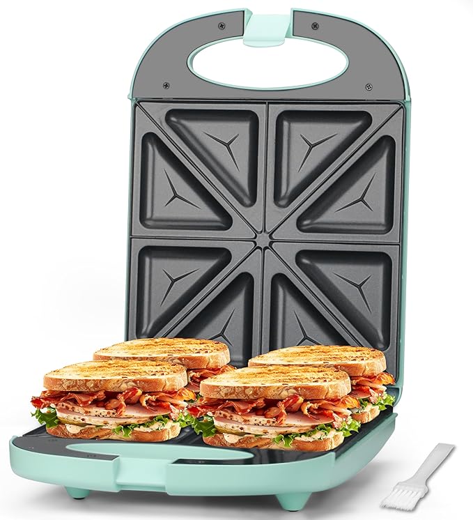 Baker’s Friend Breakfast Sandwich Maker, 4 Slices of Panini Grill Press Sandwich Maker, Electric Sandwich Maker with Indicator Light, Grill Cheese & Egg Muffin Sandwich Maker, Aqua
