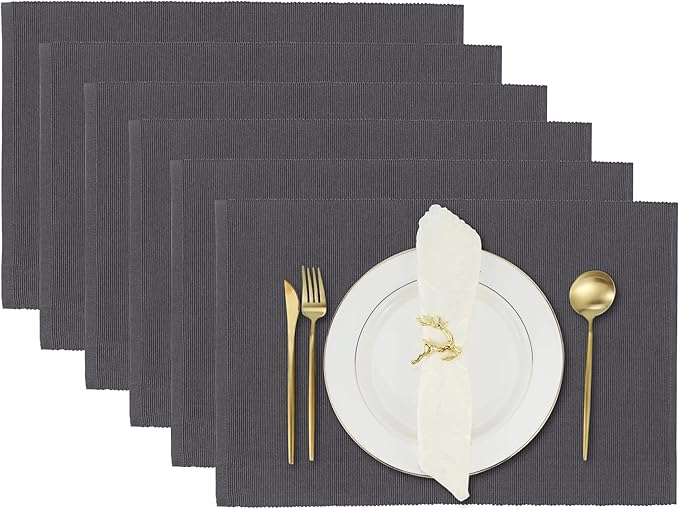 Charcoal Grey Placemats Set of 6, Cotton Ribbed Tabletop, Non-Slip Wrinkle Free Kitchen Table Mats for Dining Table, 13x19 Inch