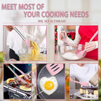 E-far Silicone Cooking Utensils Set, 14-Piece Pink Kitchen Utensils Set with Holder, Kitchen Tools Spatulas with Stainless Steel Handle for Non-stick Cookware, Heat Resistant & Dishwasher safe