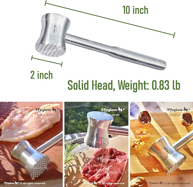 Meykers Meat Tenderizer Mallet | 304 Stainless Steel | Dishwasher Safe | Meat Pounder Hammer Flattner Beater | Kitchen Tool for Steak Chicken Poultry Food | ablandador de carne martillo para carne