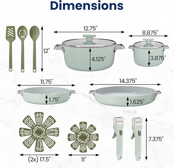 GoodCook Ceramic Cookware Set 14-Piece with Removable Handles, Nonstick Pots & Pans, Induction & Oven Safe, Sage Green