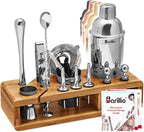 Barillio Bartender Kit - Stainless-Steel Cocktail Shaker Set w/Bamboo Stand - Mixology Bar Tools w/Drink Shaker, Mixer Spoon & Muddler for Cocktails - Home Bar Accessories - 23-Pc Bar Set - Silver