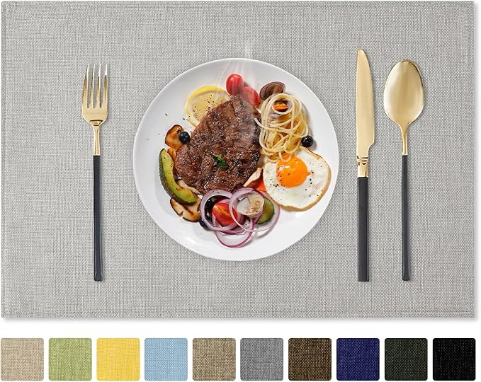 Romanstile Cloth Placemats Set of 4-12 x 18 Inch, Heat Resistant Double Layered Thickened Burlap Place Mats, Washable Linen Farmhouse Table Mats for Kitchen/Dining/Party/Outdoor, Light Grey