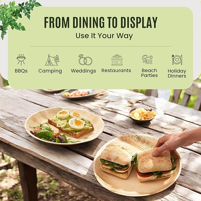 Dtocs Palm Leaf Plates 10 Inch Round (50) | Bamboo Plates Disposable Like Compostable Dinnerware Set for Party, Dinner, Serving Platters, Charcuterie Boards | Alternate to Plastic, Wood, Paper Plate
