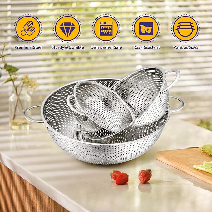 E-far Stainless Steel Colander Set of 3 (1-3-5Quart), Micro-Perforated Metal Colander Strainer with Handle for Kitchen/Draining Pasta/Rinsing Vegetables Fruits, Heavy Duty & Dishwasher Safe