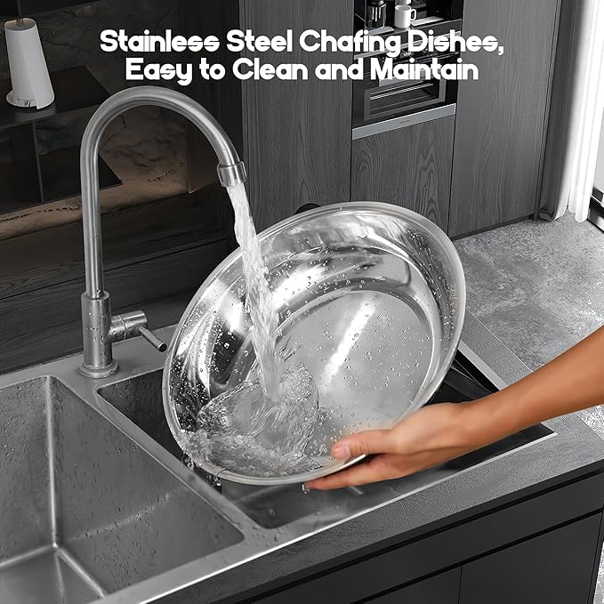 Chafing Dishes for Buffet 4Pack, 5QT Round Stainless Steel Chafing Dish Buffet Set with Safe Roll-Edge, Chafers and Buffet Warmers Sets for Catering, Weddings, Parties, Holiday Celebration (Rose Gold)