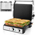 1600W Panini Press, Sandwich Maker with Temp & Time Setting, 4 Slice Large Non-stick Versatile Grill Press, Opens 180 Degrees to Fit Any Type or Size of Food