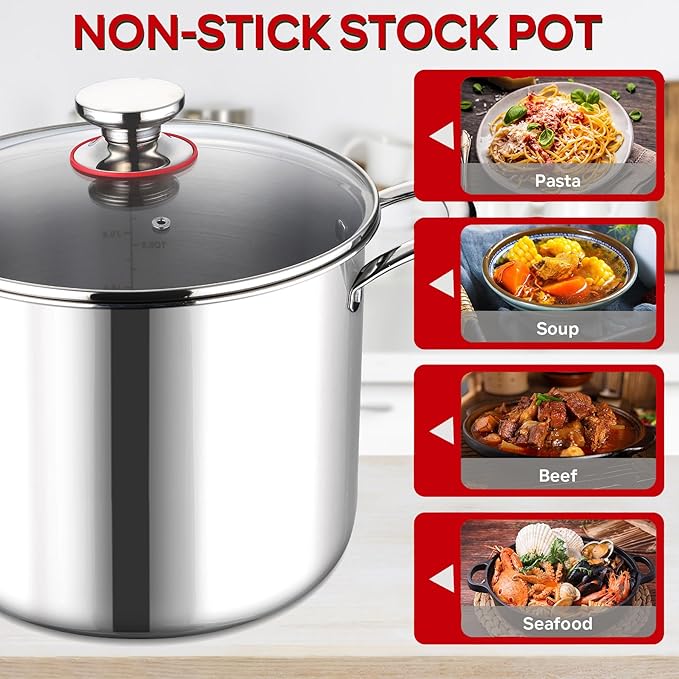 LIANYU 12 QT Stock Pot with Lid, 12 Quart Deep Tall Large Soup Pot for Cooking, Stainless Steel Tri-Ply Heavy Duty Large Stockpot, Nonstick Induction Stockpot with Measuring Mark&Glass Lid