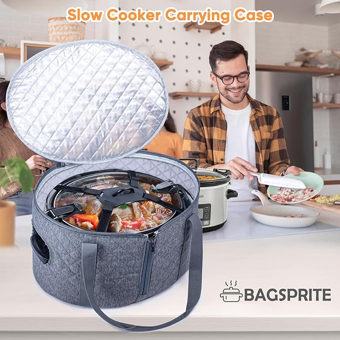 BAGSPRITE Slow Cooker Carrying Case Compatible with 6-8 Quart Crockpot Carrier for Hot Food and Hamlton Beach Slow Cooker Tote with Lid Fastener for Crock-pot Dust Cover Applicances