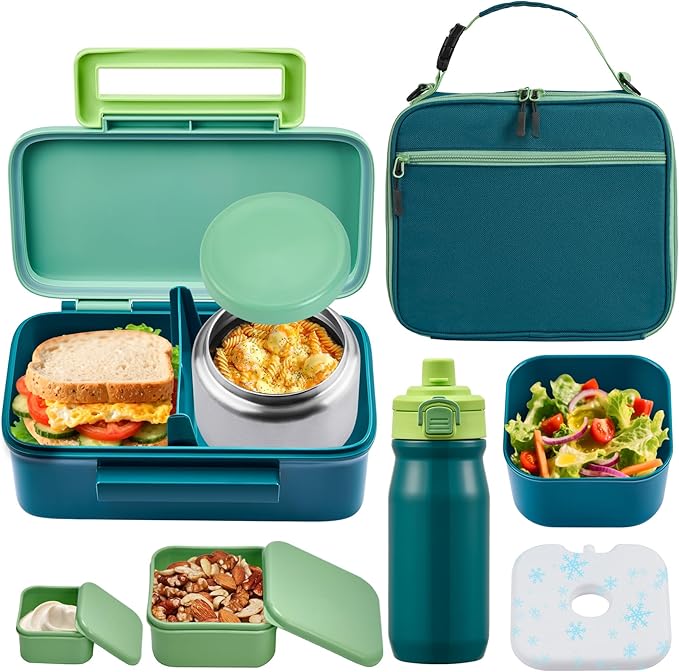 Kids Lunch Bento Box with Thermo Ice Pack Food Container with Insulated Lunch Bag, Insulated Water Bottle with Straw for Girls Boys,Green