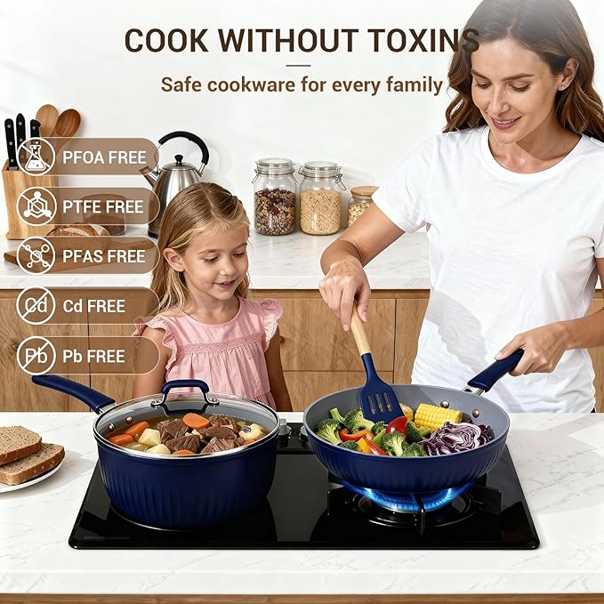 Ammeloo 15-Piece Ribbed Ceramic Cookware Set, Pots and Pans Set Non Stick, Induction Ready, Healthy Non Toxic Kitchen Cooking Set PFAS/PFOA/PTFE-Free, Silicone-wrapped Stay-Cool Handle