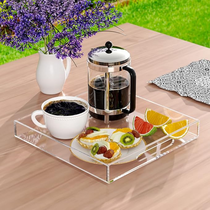 NIUBEE Clear Serving Tray 12x12 Inches -Spill Proof- Acrylic Decorative Tray Organiser for Ottoman Coffee Table Countertop with Handles