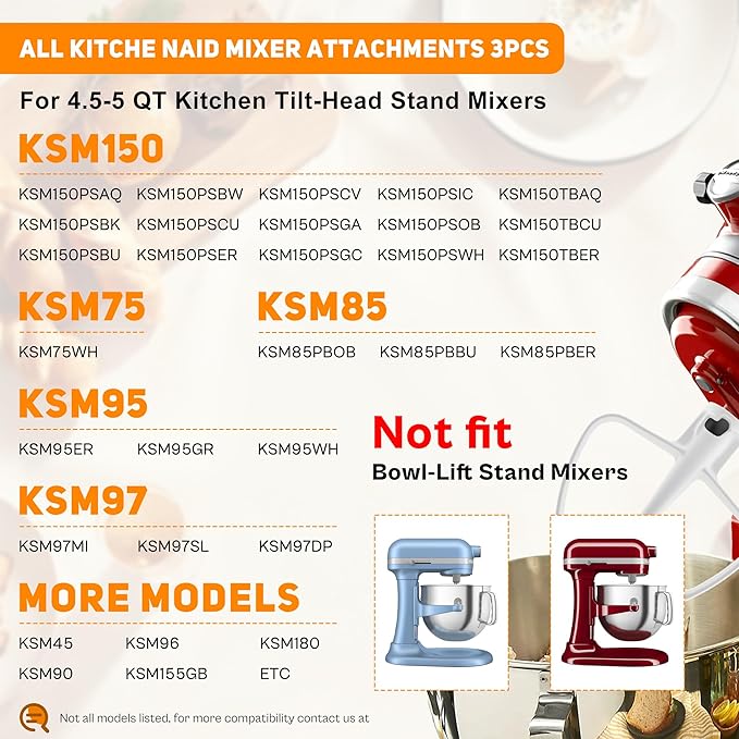 Stand Mixer Attachments 3-Piece Kit -Replace for Kitche.n aid Accessories K45WW Wire Whip/ K45DH Dough Hook /K45B Coated Flat Blade Paddle with Scraper -Stainless Steel by TOMOON