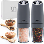 Urban Noon Gravity Salt and Pepper Grinder Set - Battery Operated Electric Grinders with Light (2 Matte Gray Mills) - Automatic One Handed Operation - Electronic Adjustable Shakers - Ceramic Grinders