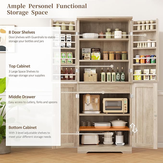 Shintenchi Kitchen Pantry Cabinet, Freestanding Farmhouse Storage Cabinet with 8 Door Shelves, 2 Cabinets and 1 Drawer, Tall Cupboard for Kitchen, Living Room, Dining Room and Bathroom, Ash Gray