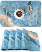 QIYI Placemats Set of 4, 12x18 Inch PU Leather Place Mats for Kitchen Dinning, Heat Resistant Anti Slip Pink Gold Table Mats, Waterproof Wipeable Washable Placemat Party Table Décor, Blue Fluid Marble